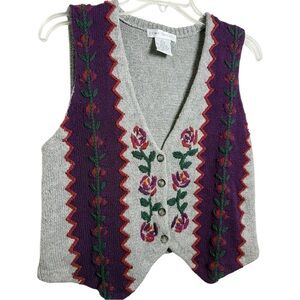 Vintage 90s Floral Embroidered Knit Vest Size Small Medium Grey